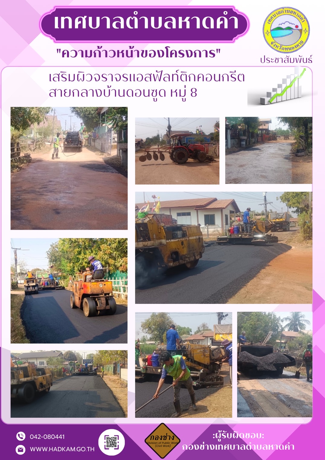 "ความก้าวหน้าของโครงการ"เสริมผิวจราจรแอสฟัลท์ติกคอนกรีตสายกลางบ้านดอนซูด หมู่ 8
